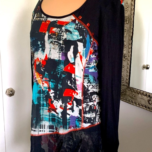 MICHAEL TYLER TUNIC FROM HIGH END BOUTIQUE ABSTRACT PRINT OVERLAY SIZE SMALL - Picture 2 of 5